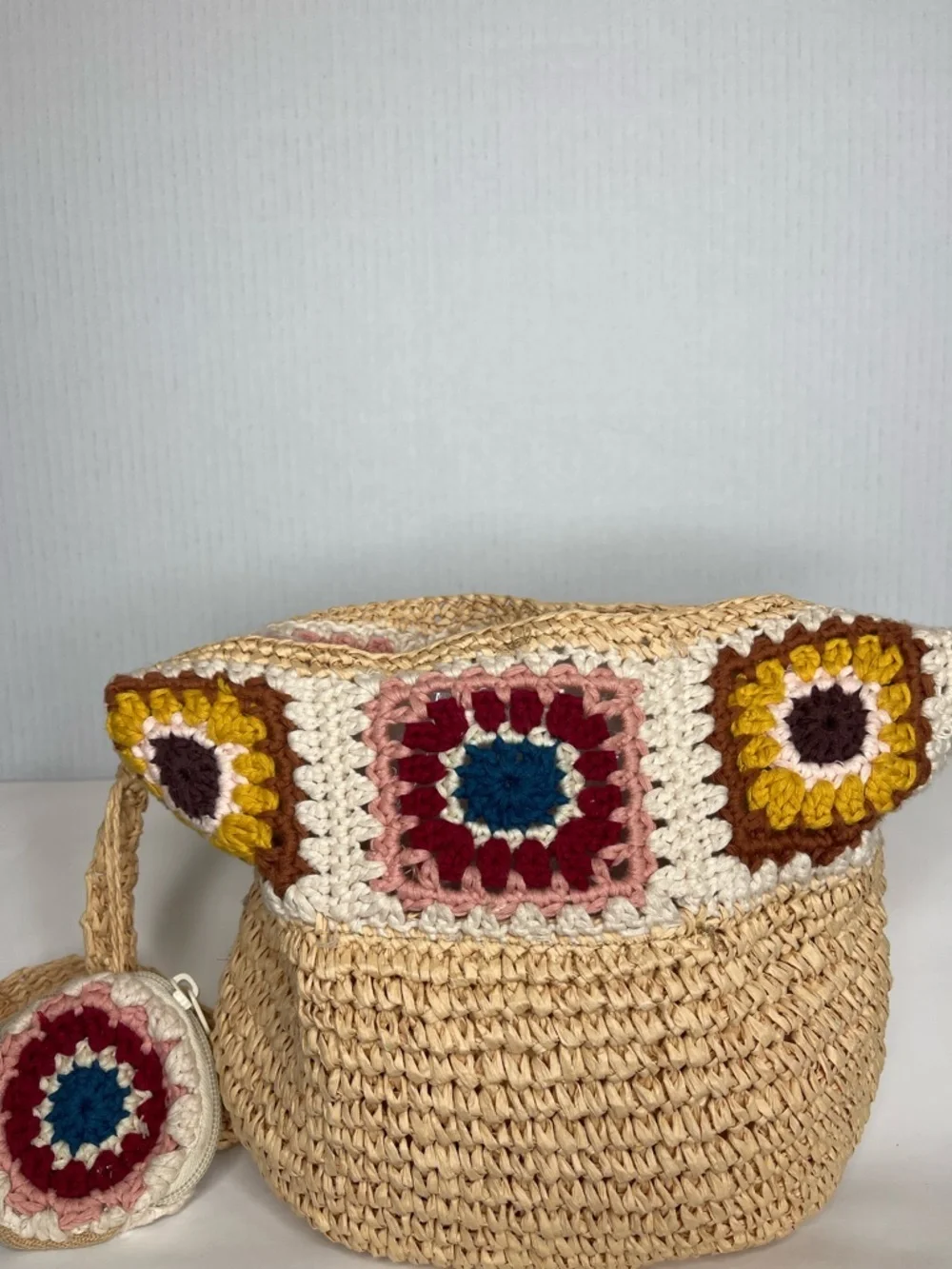 Zara Boho Crochet Straw WovenBag Granny Square Patchwork Festival Coastal Hippie